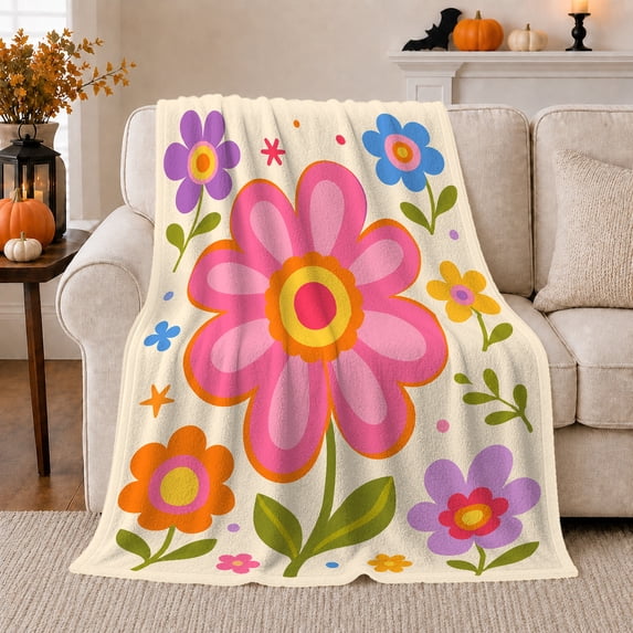 Groovy Pink Flower Autumn, Festive autumn celebration Scene, Warm Flannel Blanket for Living Room and Family Room with Detailed Artwork, Art Lovers autumn celebration Gift, Festive Home Decor