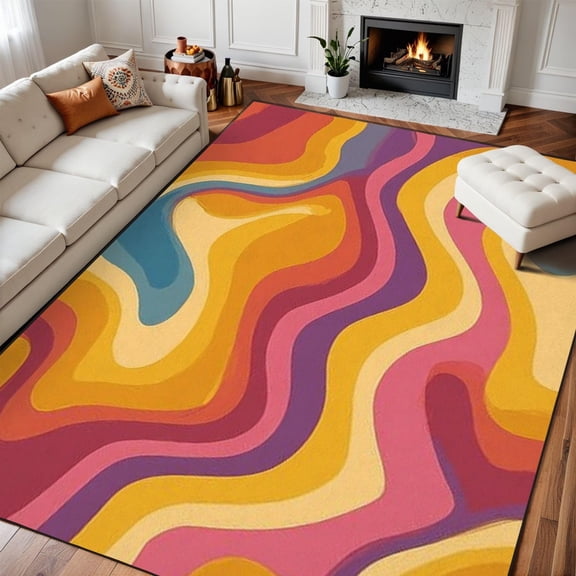 Groovy Rainbow Wavy Area Rug, Retro Funky Pattern Carpet, Washable Non Slip Low Pile Soft Thin, Living Room Bedroom Dining Office Home Decor Mat 2x3ft