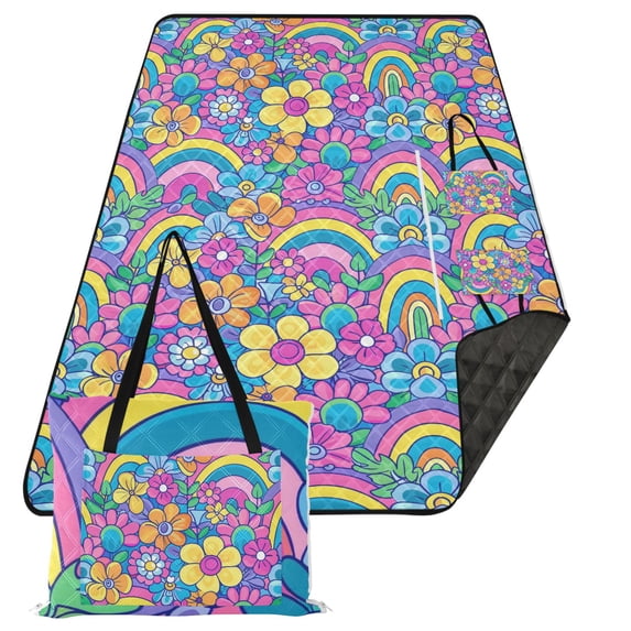 Groovy Rainbow and Flowers Extra Large Picnic Beach Blanket Waterproof Sand Proof Portable Outdoor Mat 80x118