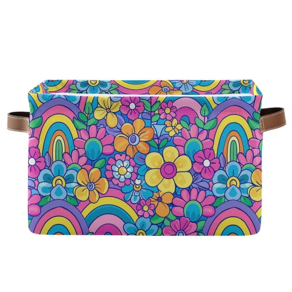 Groovy Rainbow and Flowers Storage Bins with Handle Fabric Organizer Basket Foldable Box 1 Pack 14.2x10.2x8.3
