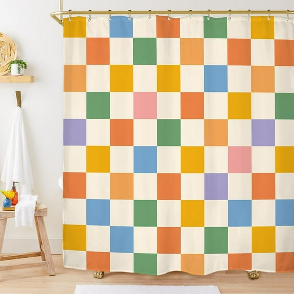Groovy Retro 70s Plaid Shower Curtain Set Cute Checkered Vintage 60s Colorful Modern Aesthetic Funky Hippie Polyester Bathroom Curtain with Hooks-60"W x 72"L (Pack of 1)