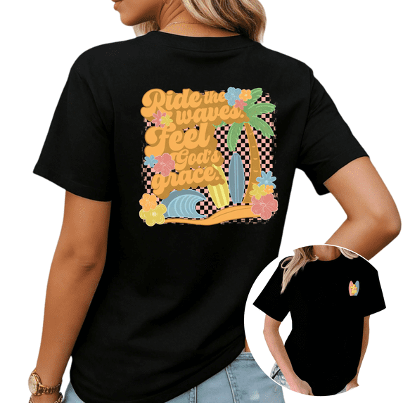 Groovy Retro Beach Ride The Waves Graphic Tees Womans T-shirt Shirts Black White S-5XL Tops