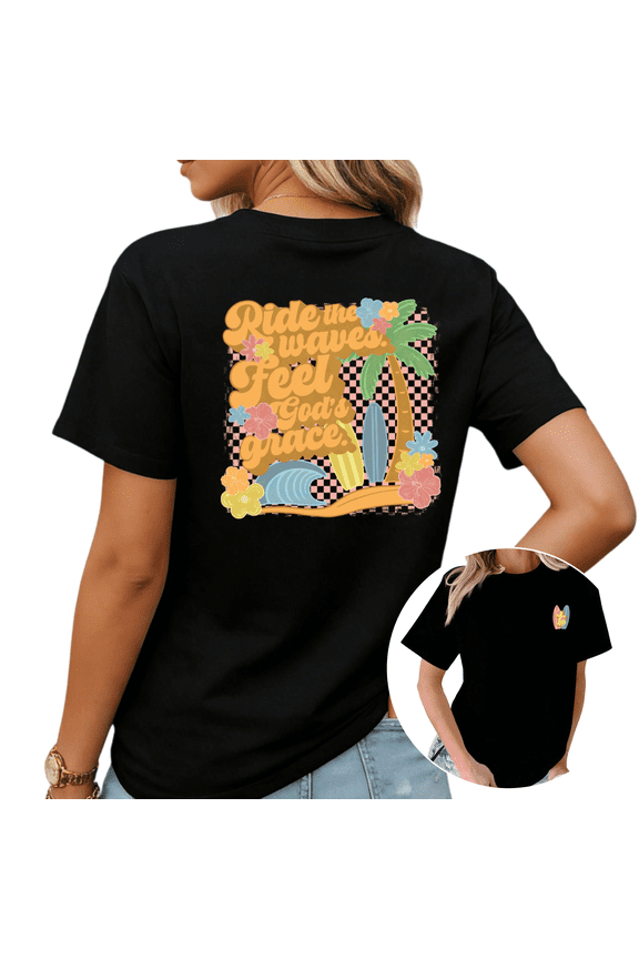 Groovy Retro Beach Ride The Waves Graphic Tees Womans T-shirt Shirts Black White S-5XL Tops