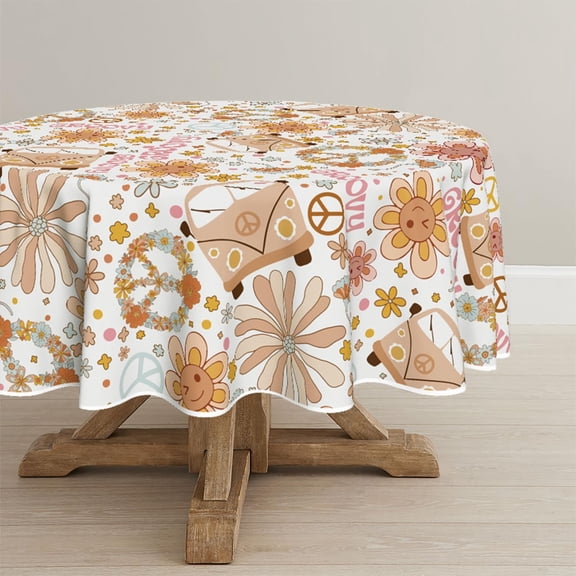 Groovy Retro Boho Tablecloth 60×60 Inch Round, Pink Hippie 60s 70s Themed Washable Table Cover for Party Picnic Dinner Decor