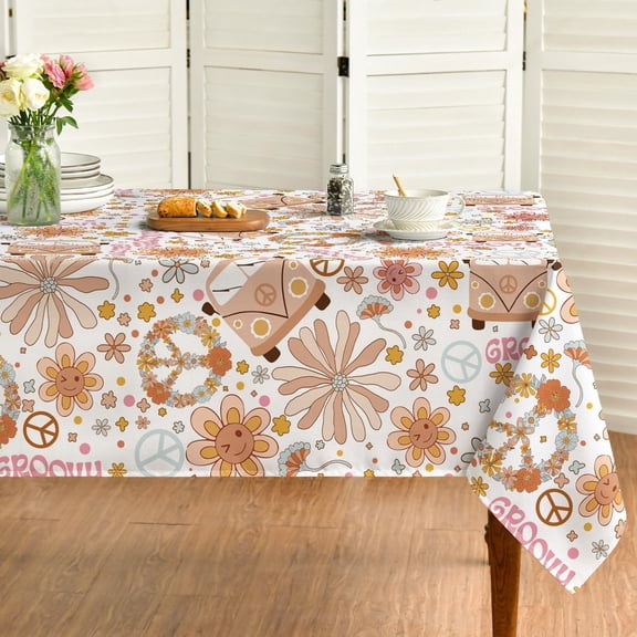 Groovy Retro Boho Tablecloth 60x84 Inch, Pink Hippie 60s 70s Themed Washable Seasonal Table Cover for Birthday Baby Shower Carnival Party Dinner Decor