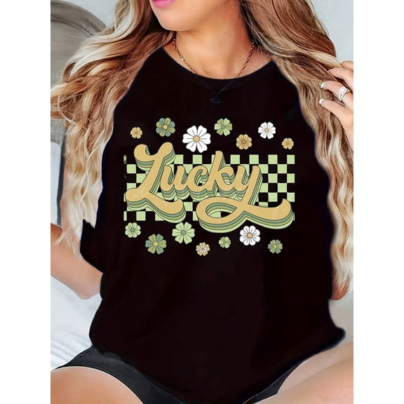 Groovy Retro Lucky Green Checkerboard for Women Casual Short Sleeve Graphic T-Shirt