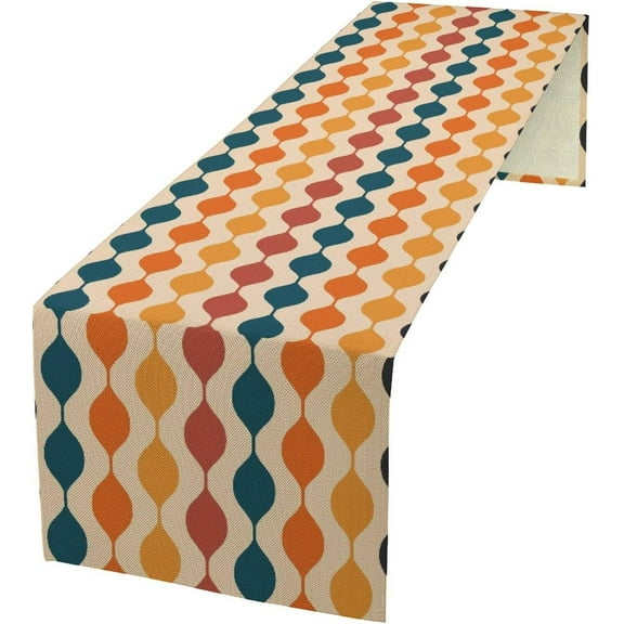 Groovy Retro Table Runner, Mid Century 60s 70s Style Abstract Geometric Stripes Navy Blue Orange Red Print Coffee Table Runner for Farmhouse Table Party 13x36 Inch