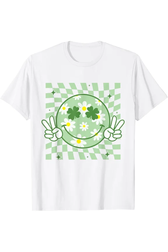 Groovy Shamrock Smile Face St Patricks Day Retro Fun Style Unisex T-Shirt, up to size 5XL