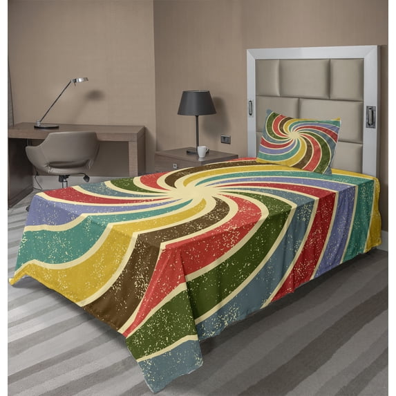 Ambesonne Nostalgic Fitted & Top Sheet Set with Sham, Nostalgic Spiral, Multicolor