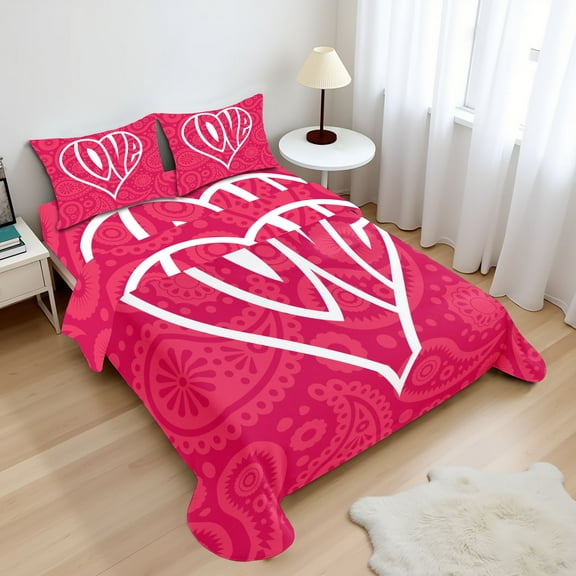 Ambesonne Groovy Fitted & Top Sheet Set with Shams, Retro Big Heart, Pink White