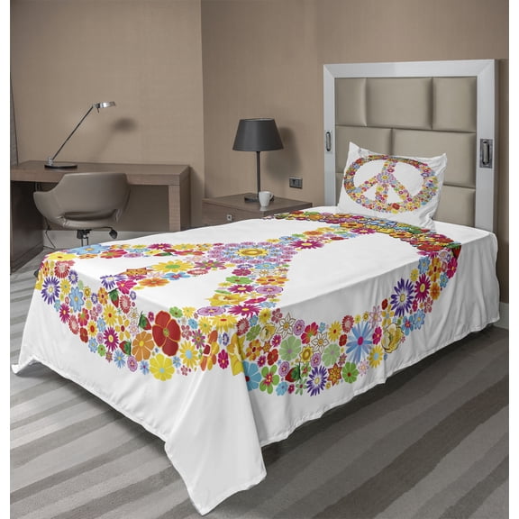 Groovy Sheet Set, Floral Peace Sign Summer Spring Blooms Love Happiness Themed Illustration Print, Fitted and Flat Sheet with Pillowcase Bedding Accent 3 Piece Set, Twin, Multicolor, by Ambesonne