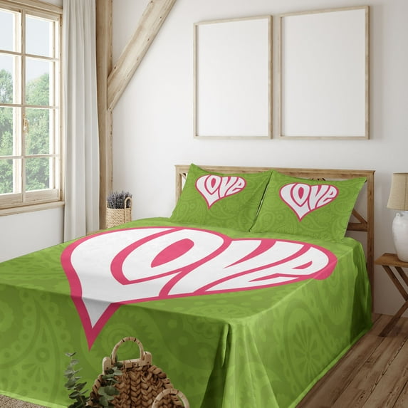 Ambesonne Retro Fitted & Top Sheet Set with Shams, Paisley Love Nutrient, Green White Pink
