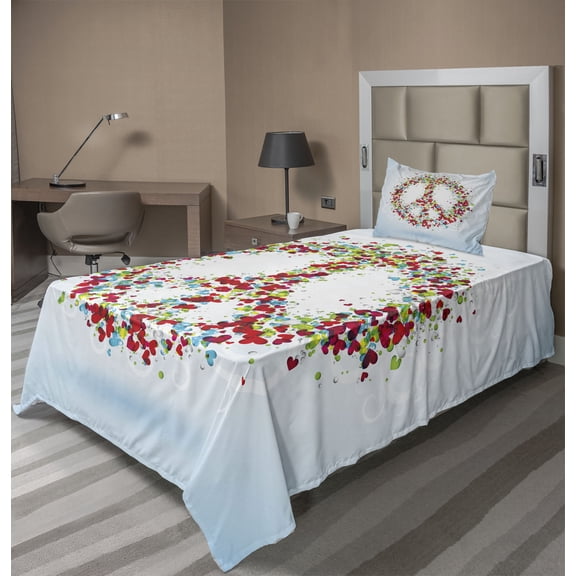 Groovy Sheet Set, Peace Made by Hearts Unity Lack Conflict No More Hostility Theme Illustration, Fitted and Flat Sheet with Pillowcase Bedding Accent 3 Piece Set, Twin XL, Multicolor, by Ambesonne