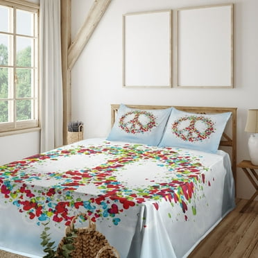 Groovy Sheet Set, Peace Made by Hearts Unity Lack Conflict No More Hostility Theme Illustration, Fitted and Flat Sheet with Pillowcases Bedding Accent 4 Piece Set, King, Multicolor, by Ambesonne