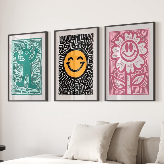 Groovy Smiley Face Art Prints Y2K Dorm Decor Set Home Decor Office Wall Art Set 3