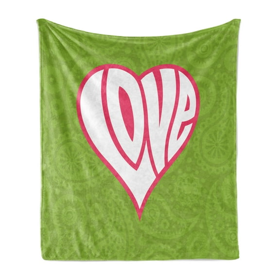 Groovy Soft Flannel Fleece Blanket, Heart Illustration on Paisley Background Centre of Love Nutrient Retro Design, Cozy Plush for Indoor and Outdoor Use, 50" x 70", Green White Pink, by Ambesonne