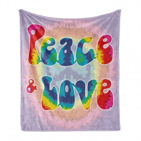 Groovy Soft Flannel Fleece Blanket, Peace and Love Text in Tie Dye Effect Pattern Energetic Youthful Fun 60s 70s Hippie, Cozy Plush for Indoor and Outdoor Use, 50" x 60", Multicolor, by Ambesonne