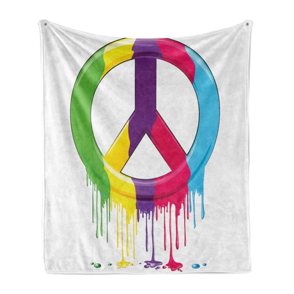 Groovy Soft Flannel Fleece Throw Blanket, Digital Peace Dripping Paint Liquid Colors Pacifism Themed Old Movements, Cozy Plush for Indoor and Outdoor Use, 70" x 90", Multicolor, by Ambesonne