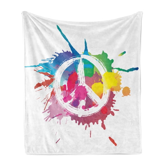 Groovy Soft Flannel Fleece Throw Blanket, Famous Widely Used Peace Logo with Colorful Splash Grunge Style Pacifism Themed, Cozy Plush for Indoor and Outdoor Use, 60" x 80", Multicolor, by Ambesonne