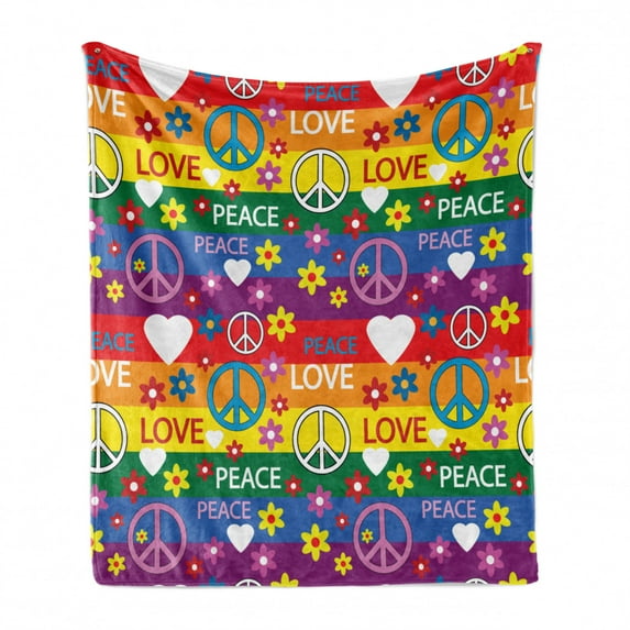 Groovy Soft Flannel Fleece Throw Blanket, Heart Peace Flower Power Political Hippie Cheerful Colors Festival Joyful, Cozy Plush for Indoor and Outdoor Use, 70" x 90", Multicolor, by Ambesonne