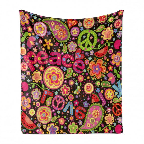 Groovy Soft Flannel Fleece Throw Blanket, Hippie Colorful Paisley Leaves Music Keys Typography Idealism Historic Revolution, Cozy Plush for Indoor and Outdoor Use, 50" x 60", Multicolor, by Ambesonne