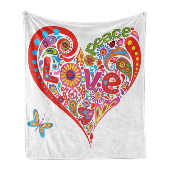 Groovy Soft Flannel Fleece Throw Blanket, Hippie Heart Shape Colorful Flowers Butterfly Springtime Happy Days Design, Cozy Plush for Indoor and Outdoor Use, 50" x 70", Multicolor, by Ambesonne