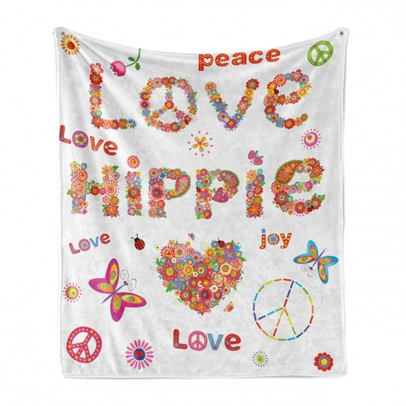 Groovy Soft Flannel Fleece Throw Blanket, Love Hippie Flowers Season Ladybird Ladybugs Nature Flourishes Art Print, Cozy Plush for Indoor and Outdoor Use, 50" x 60", Multicolor, by Ambesonne