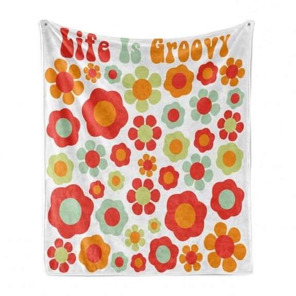 Groovy Soft Flannel Fleece Throw Blanket, Petals of Retro Colors Old Fashioned Style Revival Artwork, Cozy Plush for Indoor and Outdoor Use, 50" x 60", Mint Green Orange Red, by Ambesonne