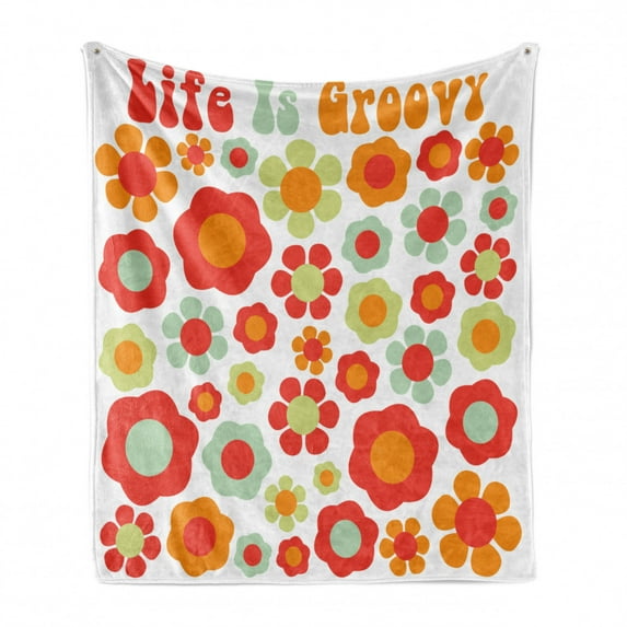 Groovy Soft Flannel Fleece Throw Blanket, Petals of Retro Colors Old Fashioned Style Revival Artwork, Cozy Plush for Indoor and Outdoor Use, 50" x 60", Mint Green Orange Red, by Ambesonne