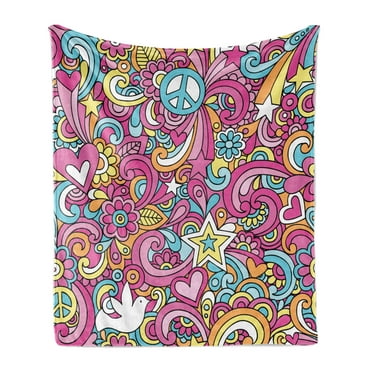 Groovy Soft Flannel Fleece Throw Blanket, Psychedelic Complex Funky Pastel Patterns with Stars Back to 60s Style Retro, Cozy Plush for Indoor and Outdoor Use, 70" x 90", Multicolor, by Ambesonne