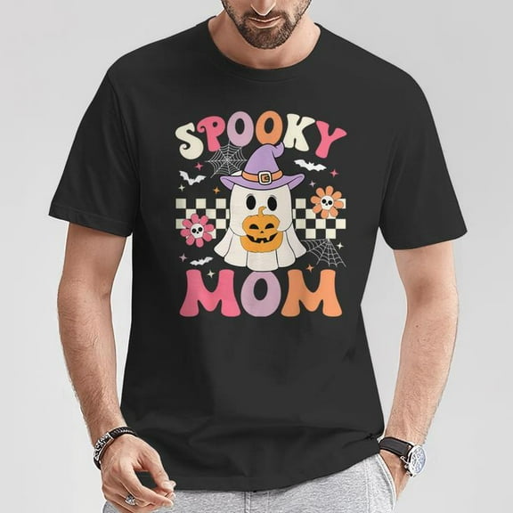 Groovy Spooky Mom Retro Ghost Holding Pumpkin Halloween T-Shirt, Vintage Halloween Tee, Fun Ghost and Pumpkin Design, Spooky Mom Shirt