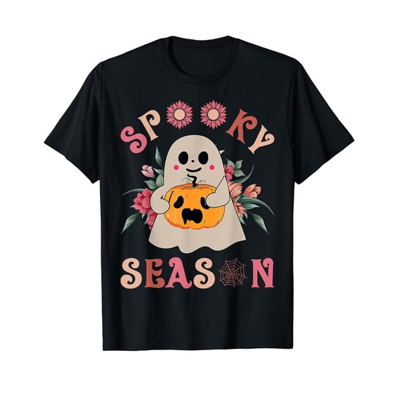 Groovy Spooky Season Cute Ghost Holding Pumpkin Halloween T-Shirt