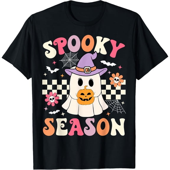 Groovy Spooky Season Retro Ghost Holding Pumpkin Halloween T-Shirt