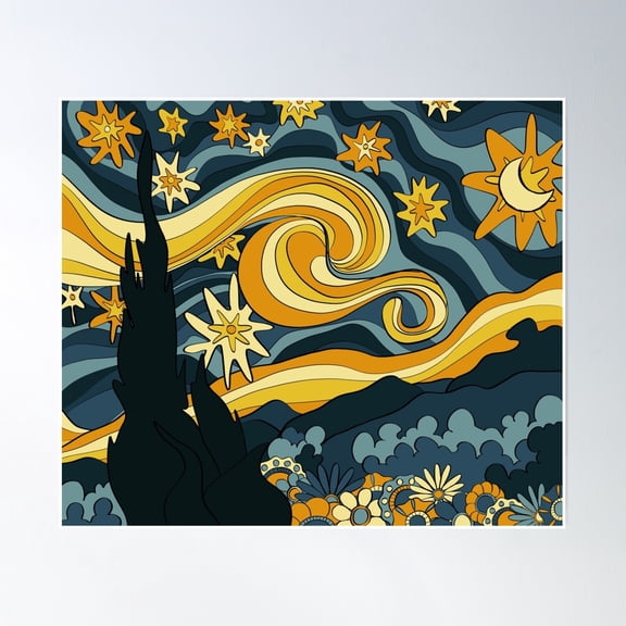 Groovy Starry Night Poster Wall Art, Modern Wall Decor, 8x12 UNFRAMED