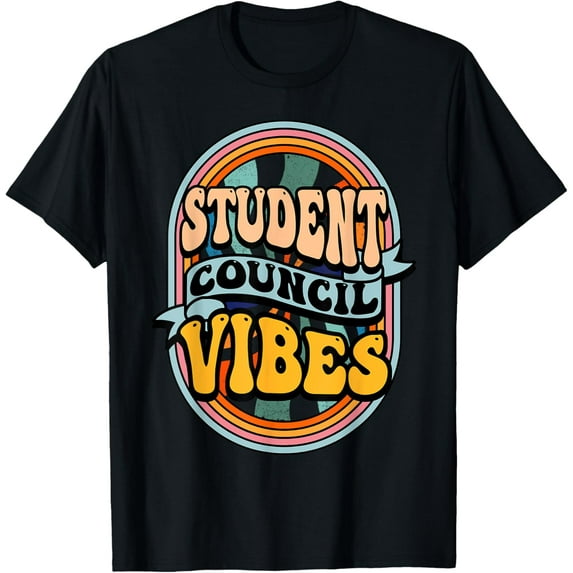 Groovy Student Council Vibes Retro School Student Council T-Shirt men and women can wear, black, white, gifts.