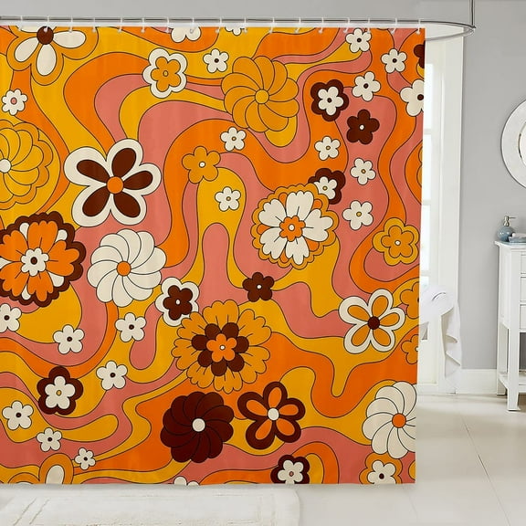 Groovy Style Shower Curtain 72x78,Vintage 60s 70s Flower Doodle Bathroom Curtain for Teens Youth,Cartoon Daisy Bath Curtain,Funky Rainbow Flowers Swirl Abstract Waterproof Shower Curtain
