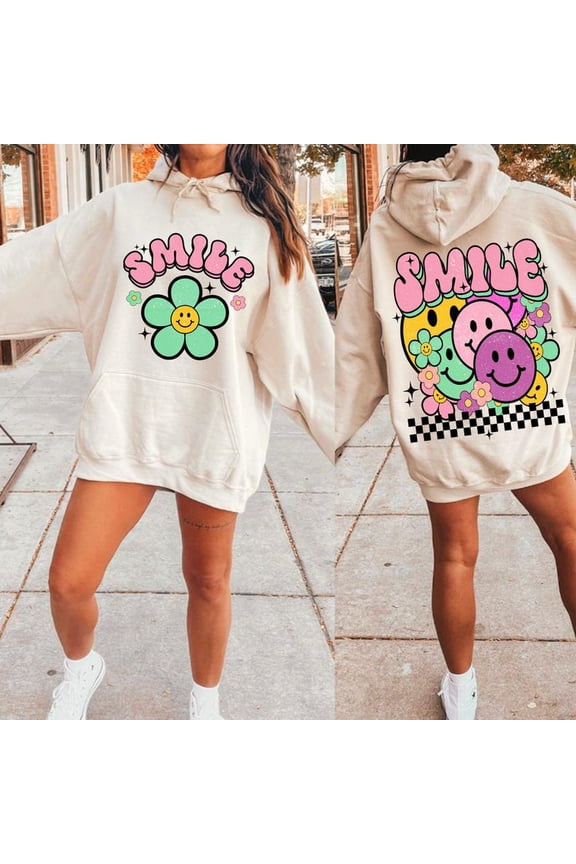 Groovy Summer Smile Sweatshirt, Trendy Shirt Front Back Design, Distressed Groovy Smiley Face Shirt, Aesthetic png TH240539