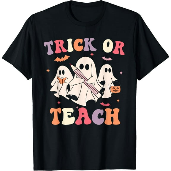 Groovy Teacher Halloween Retro Trick or Teach Floral Ghost T-Shirt