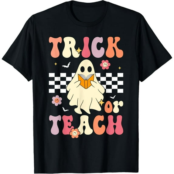 Groovy Teacher Halloween Retro Trick or Teach Floral Ghost T-Shirt