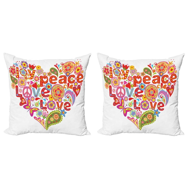 Groovy Throw Pillow Cushion Cover Pack of 2 Print with Colorful Hippie Style Floral Heart Spring Happiness Joy Wish Hope Message Zippered
