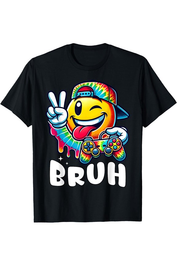 Groovy Tie Dye Gaming Funny Bruh Boys Smile Peace Sign Gamer T-Shirt