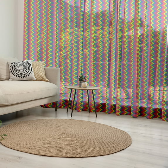 Groovy Tulle Curtains with Rod Pocket, Rainbow Zig Zag Vertical Chevron Pattern Geometric Striped Repeat Vibrant Colors, Sheer Drape for Wedding Party 2 Panels, 7 Sizes, Multicolor, by Ambesonne