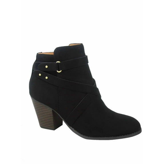 Groovy Women's Side Zip Almond Toe Straps Western Chunky High Heel Booties Shoes (Black, 5.5)