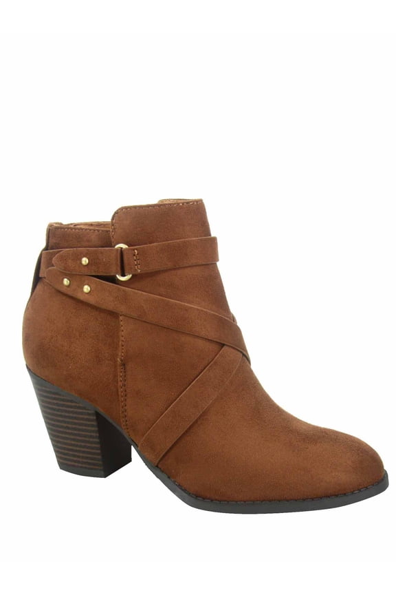 Groovy Women's Side Zip Almond Toe Straps Western Chunky High Heel Booties Shoes (Chestnut, 7.5)