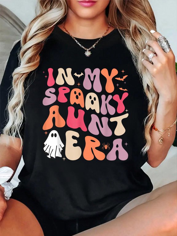 Groovy in My Spooky Aunt Era Halloween Party Funny Auntie T-Shirt casual short sleeve crew neck cotton tee tops for women