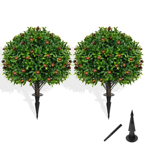 Grooy Artificial Boxwood Topiary Tree with Olive, Set of 2 Artificial Shrub Bushes with Ground Spike, Fake Evergreen Tree for Porch, Artificial Plants for Outdoor Planters Indoor UV Resistant C108