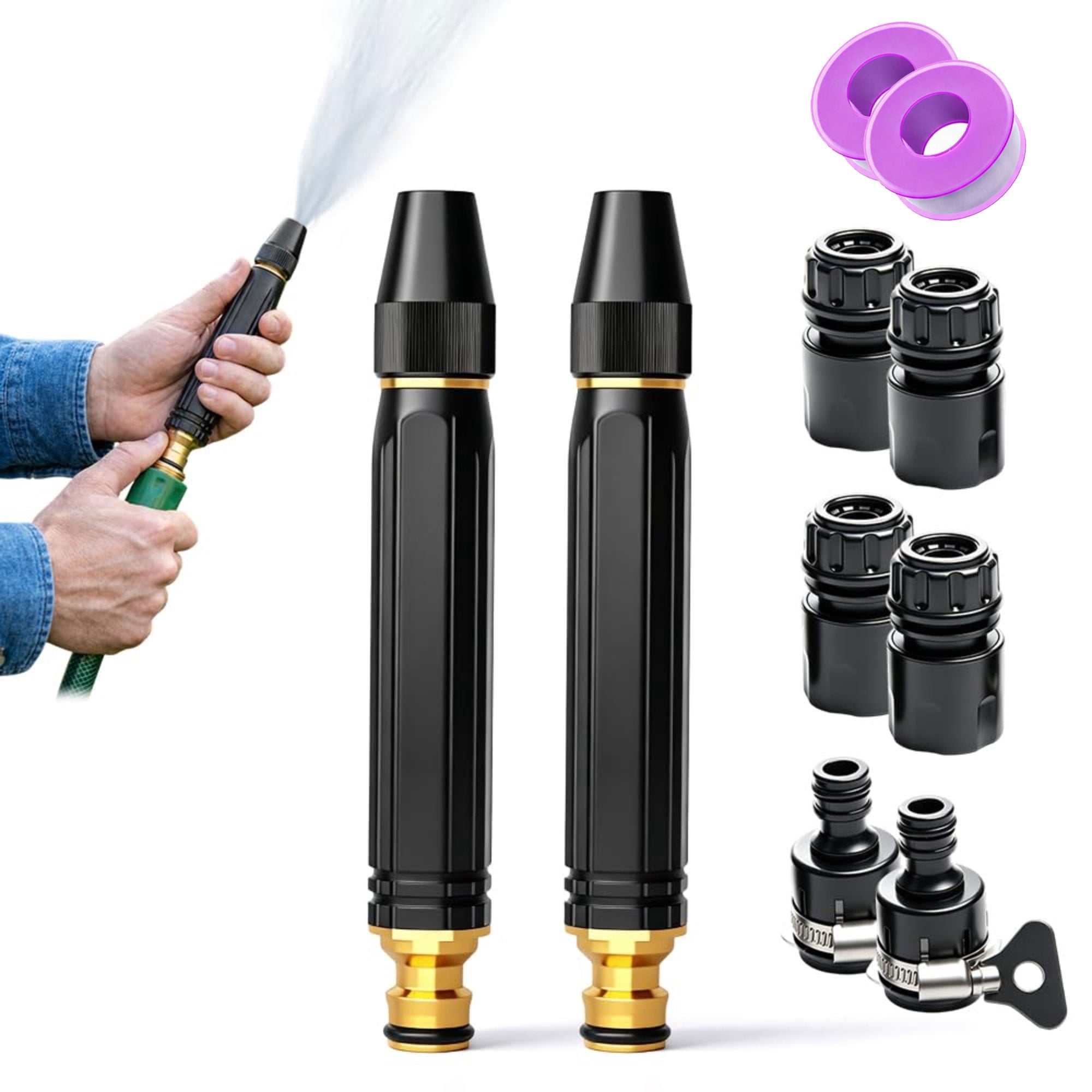 Gropething Power Washer Hose Nozzle for 1/2‘’ ID Hose Only, 3 Spray Modes Jet Spray Wand with Quick Connectors and Water Tape for Car, Patio, Window, Yard and Garden Cleaning
