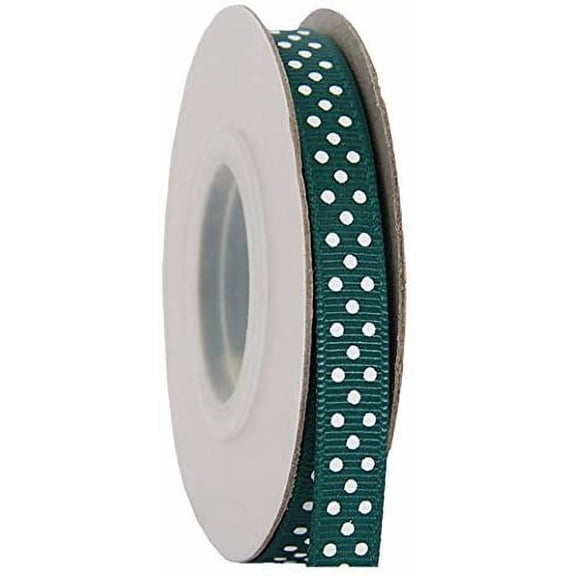 Grosgrain Dots Ribbon by Threadart 3/8" (0.38") - 10 Yards - Forest Green - Printed White Dot Pattern - For Bows, Decorations, Hair Clips, and More - 3/8" Forest Green 589