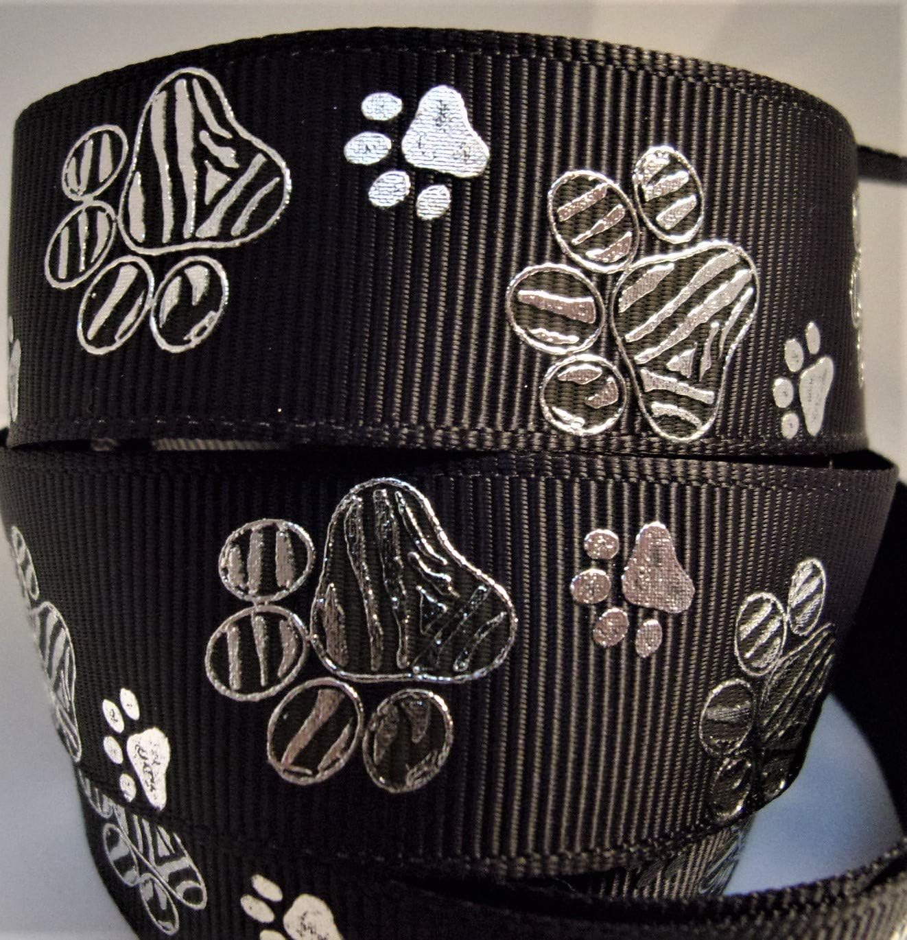 Grosgrain Ribbon Black Ribbon With Silver Paw Prints 7/8" Wide 10