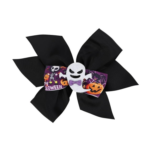 Grosgrain Ribbon Hair Bow Clip, Halloween Ghost Bow (Black)
